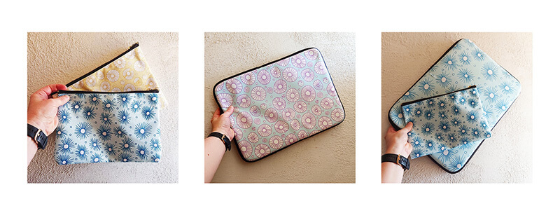pompoms patterns on pouches and laptop cases